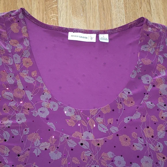 Susan Graver Purple Floral Scoop Neck 3/4 Sleeve Blouse Large - Picture 2 of 9